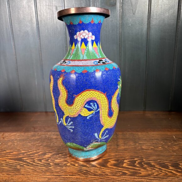 Large Vintage Cloisonne Dragon Vase 10" Copper Enamel Asian Decor Chinese Style - Picture 3 of 17